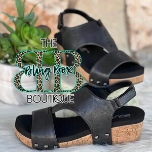 Corkys Refreshing Black Wedge Sandals